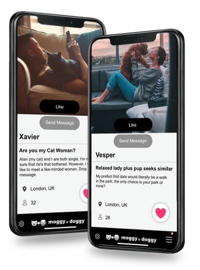Moggy or Doggy member profiles shown on two phones